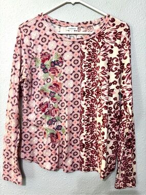 Sundance Patchwork Mixed Print Floral Embroidery Long Sleeve Tee Pink L